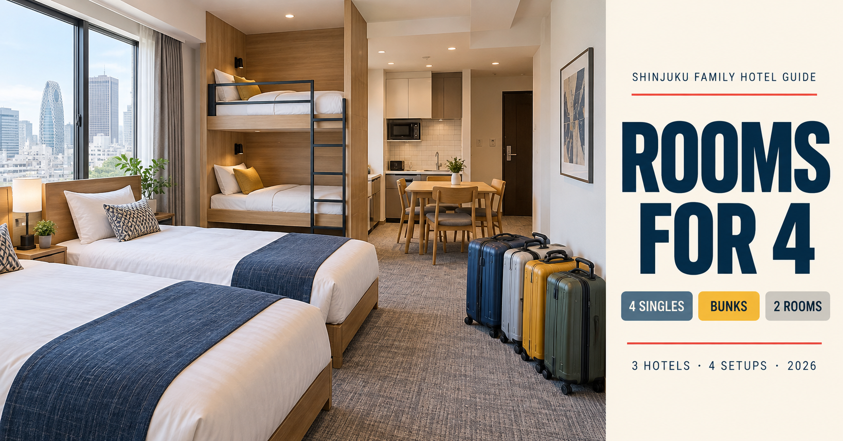 Shinjuku family hotel rooms for four compared by single beds, bunk beds and two-room layouts