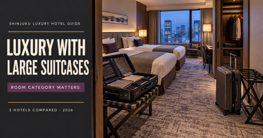 Luxury Shinjuku twin hotel room with two large suitcases and a walk-in closet