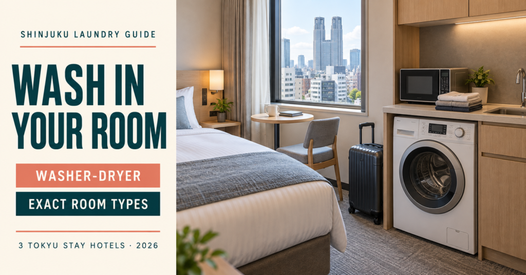 Shinjuku hotel room with an in-room washer-dryer and kitchenette