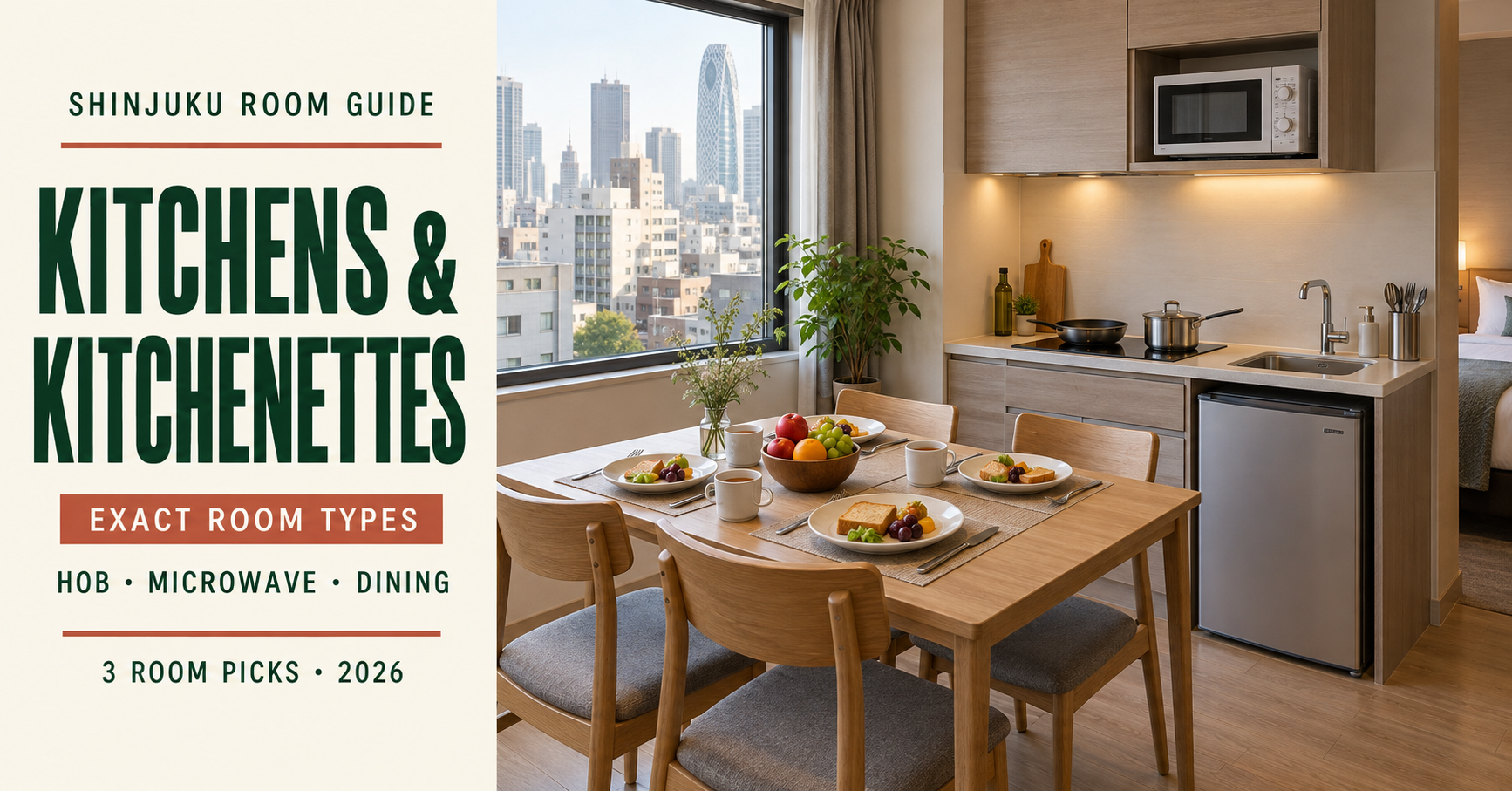 Shinjuku hotel room with a kitchenette, microwave, hob and dining table