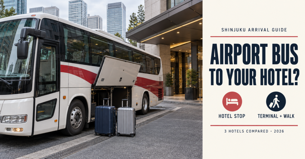Airport bus arriving at a Shinjuku hotel with two large suitcases