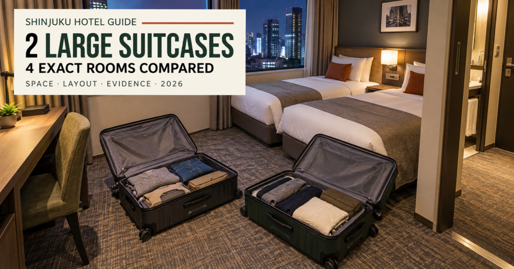 Shinjuku hotel rooms compared for two travelers with two large suitcases