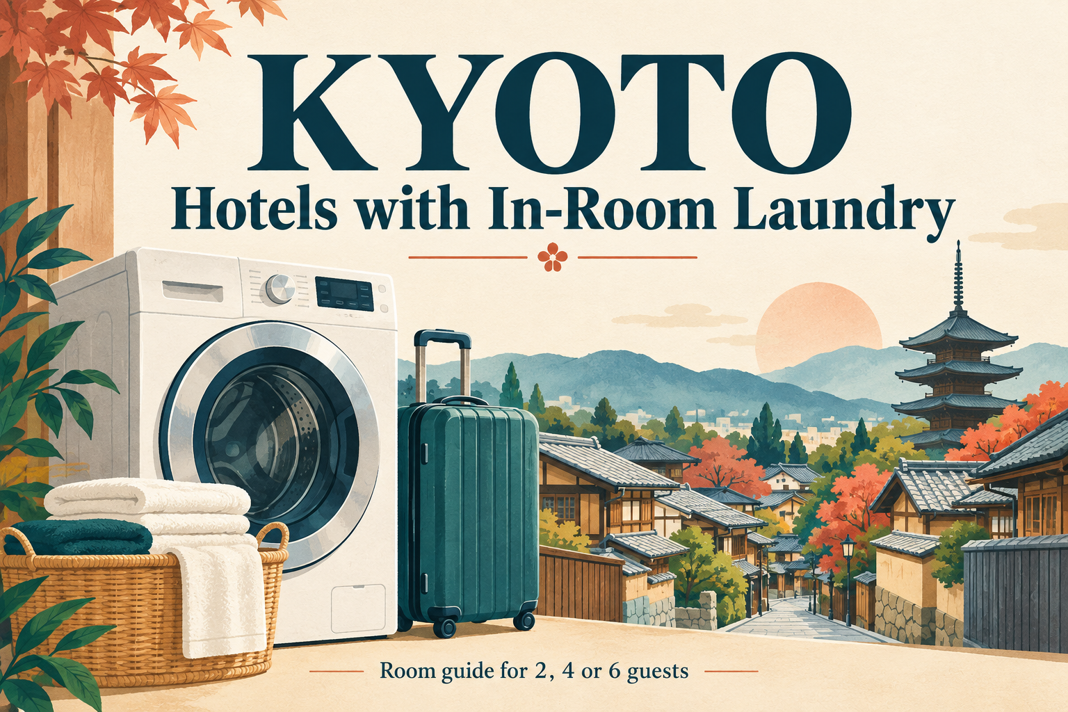 Illustration of a washing machine and suitcase with a Kyoto townscape, for an in-room hotel laundry guide.